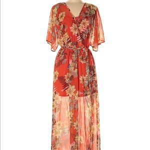 BOHO Orange Floral Maxi Dress Womens Size XS Sheer Dress